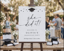 Black and white she did it graduation welcome sign with stars and graduation cap
