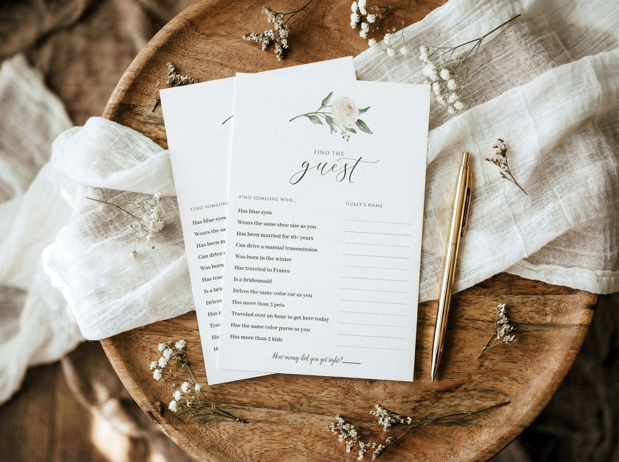 Editable bridal shower icebreaker game featuring floral botanical greenery style