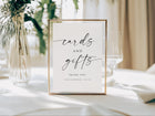 Framed printed wedding sign on a table with 'cards and gifts' text, surrounded by decorative elements.