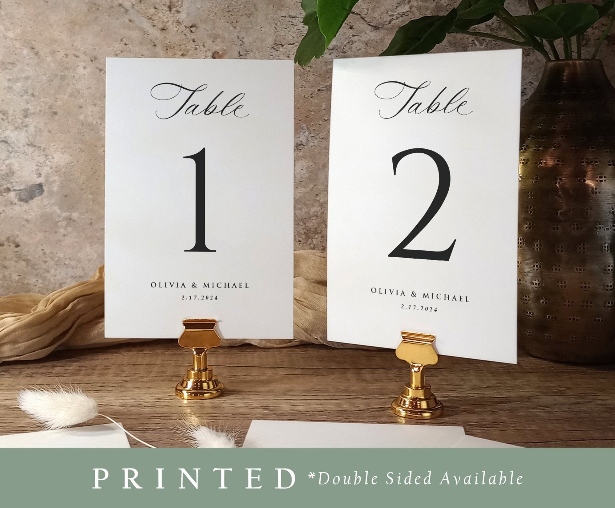 Personalized table numbers 1 and 2 with clean classic layout, printed on 4x6 cards with gold stands.
