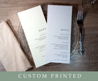 Two menu cards on a wooden table with cutlery, featuring 'Custom Printed' text at the bottom.