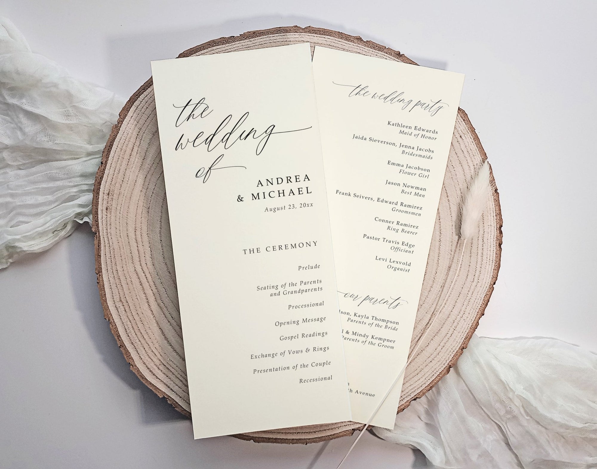 Front and back printed wedding program featuring order of ceremony and wedding party