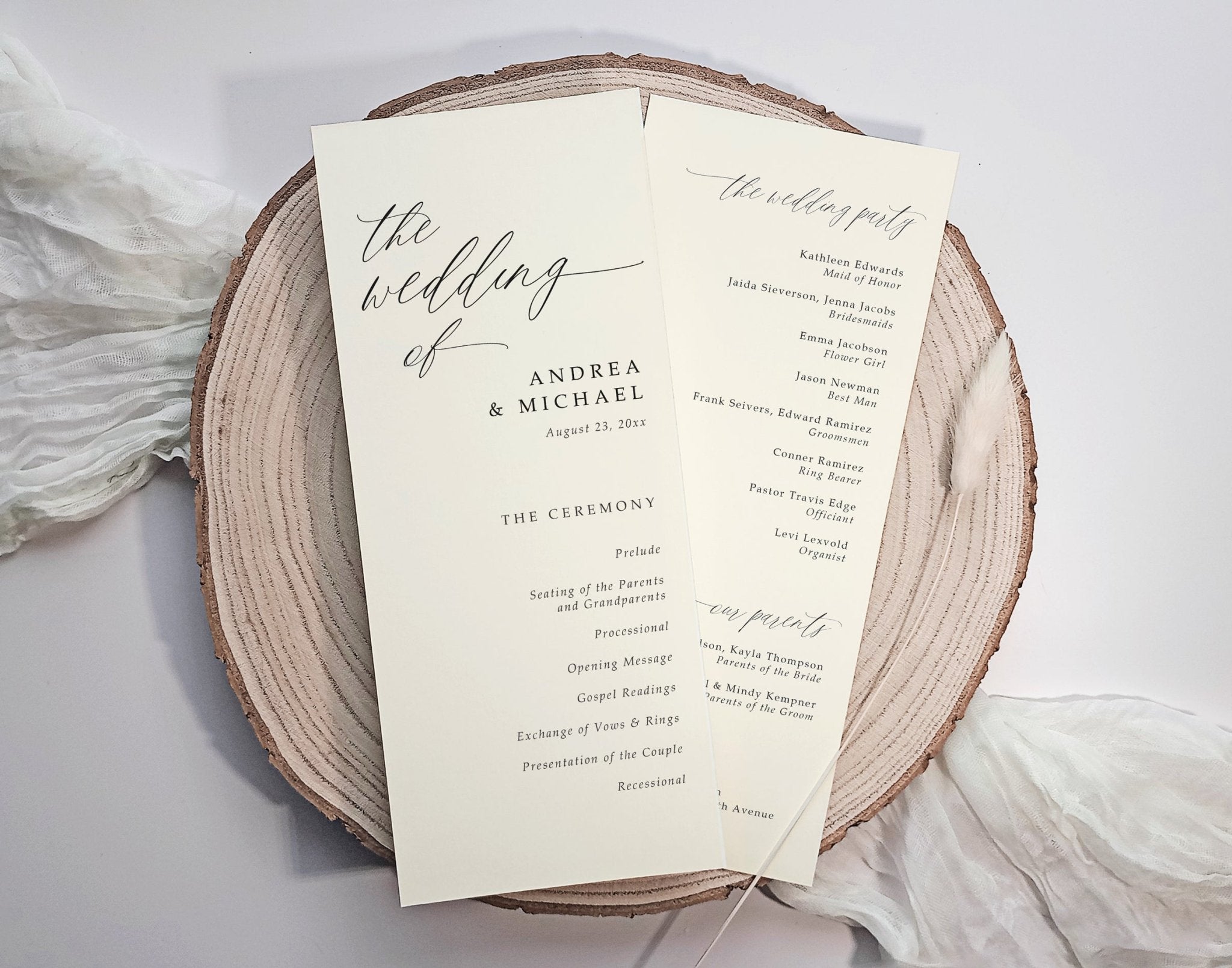 Front and back printed wedding program featuring order of ceremony and wedding party