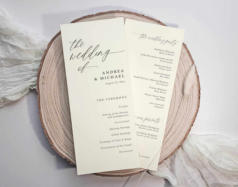 Front and back printed wedding program featuring order of ceremony and wedding party