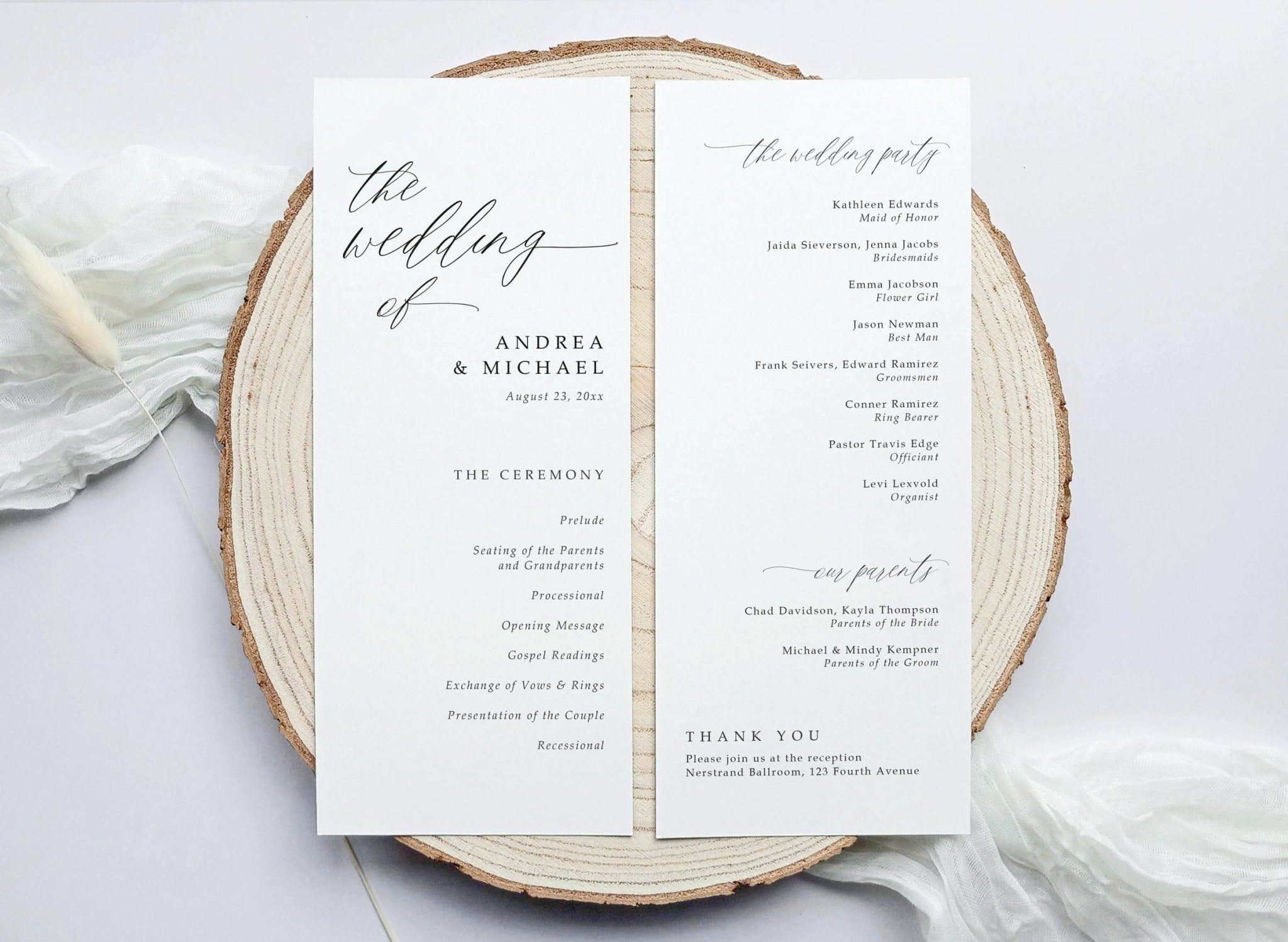 Wedding program on a wooden round surface with a white background