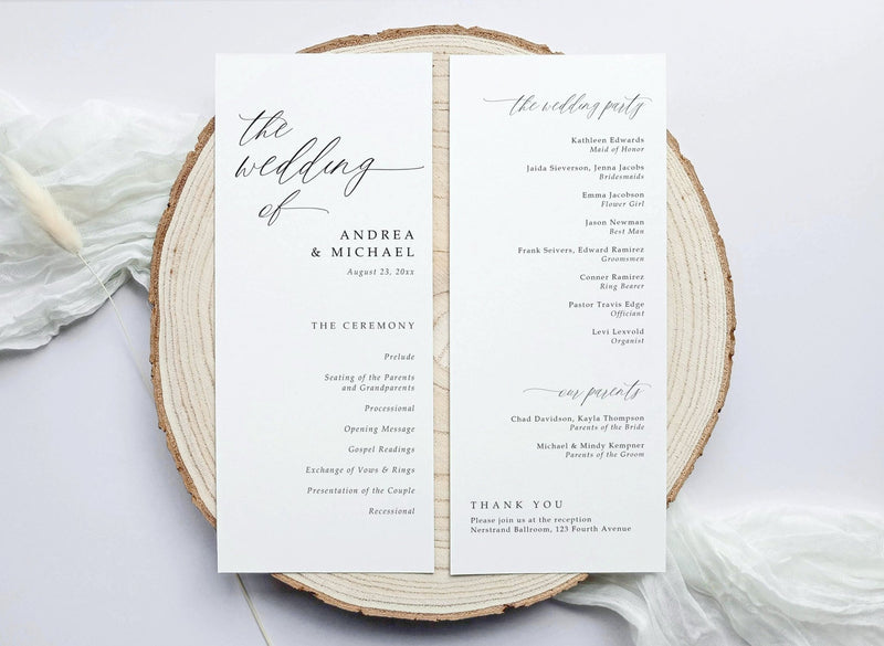 Wedding program on a wooden round surface with a white background