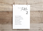 Single wedding seating chart card for Table 2, printed in elegant handwriting on rustic wood background.