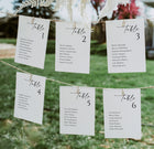 Set of minimalist seating chart cards clipped to string outdoors, printed by table in elegant script.