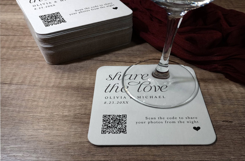 Luxury minimalist wedding coaster with QR code and elegant heart design