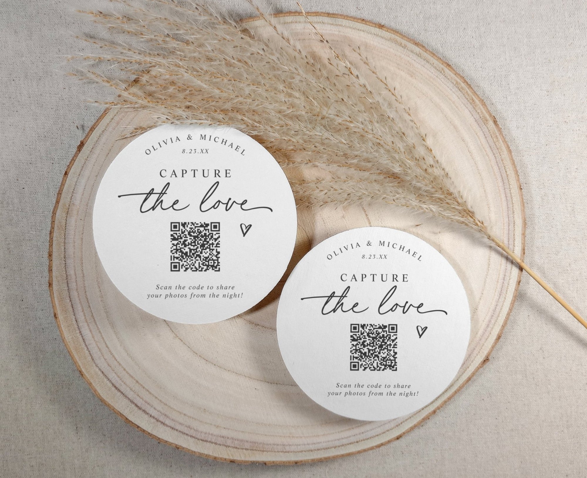 Personalized photo sharing QR code wedding coaster styled for reception table