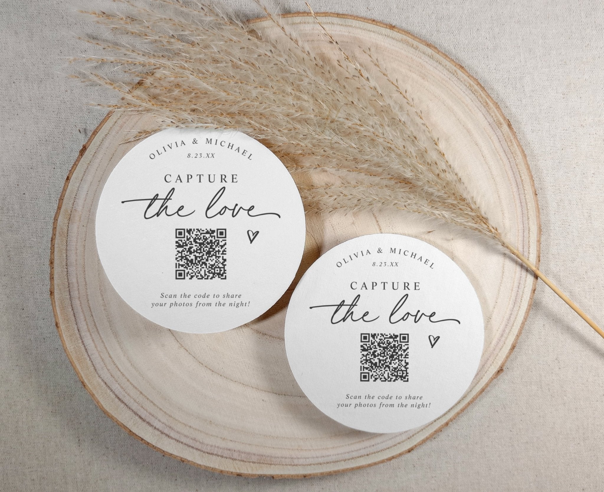 Personalized photo sharing QR code wedding coaster styled for reception table