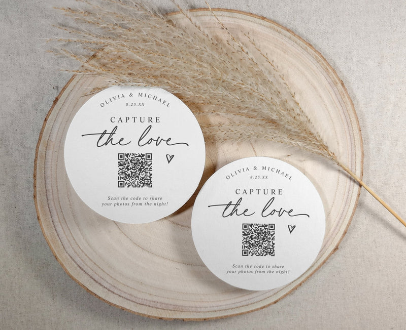 Personalized photo sharing QR code wedding coaster styled for reception table
