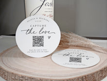 Modern handwriting wedding coaster with custom QR code for photo sharing