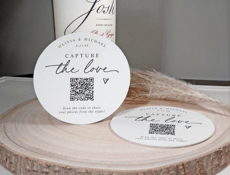 Modern handwriting wedding coaster with custom QR code for photo sharing