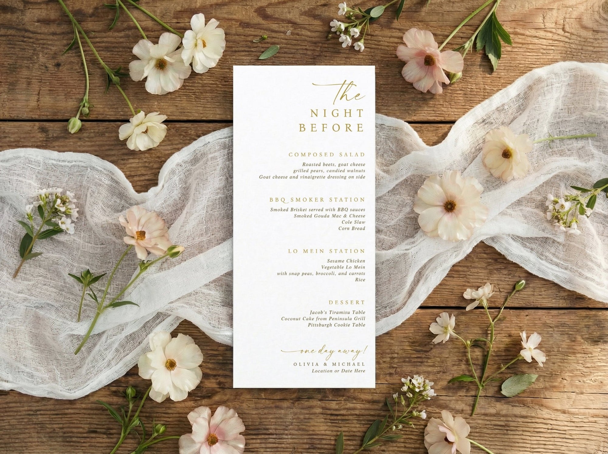 Gold rehearsal dinner menu with modern script “the night before” wedding dinner menu