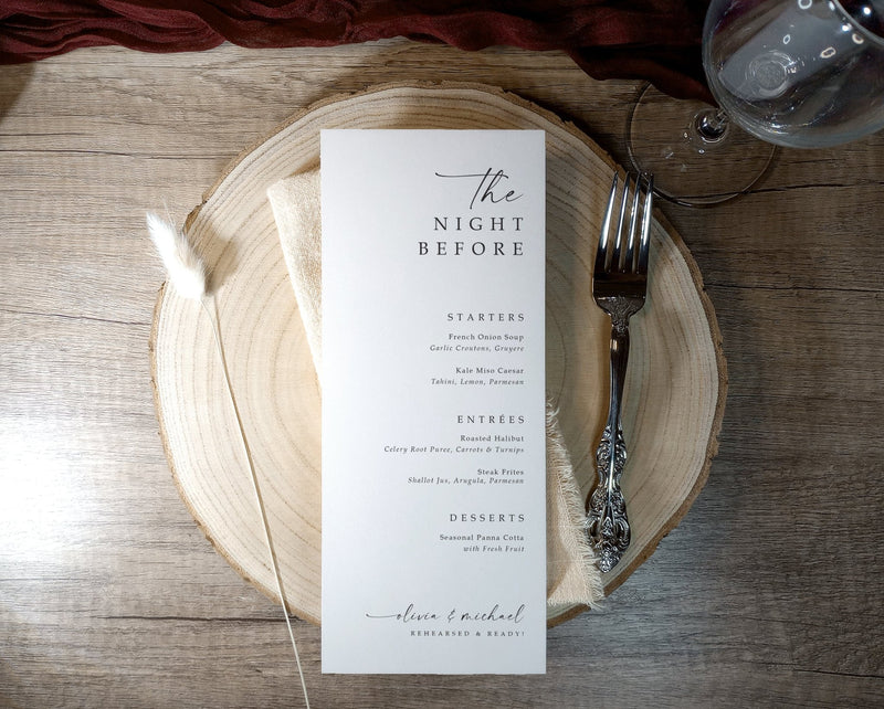 custom the night before wedding rehearsal menu printed on white cardstock