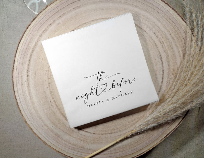 Elegant minimalist wedding napkins featuring handwritten “the night before” design.