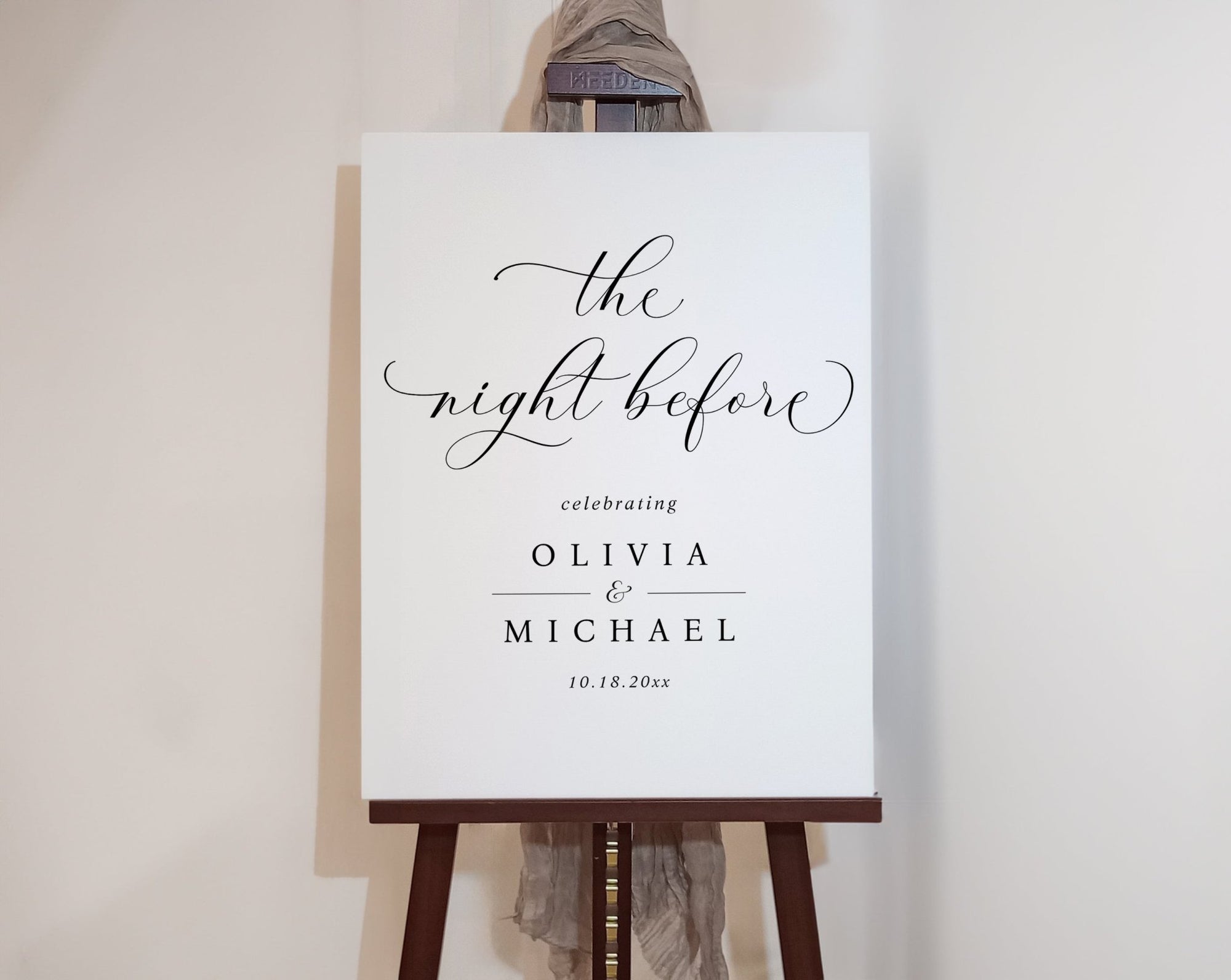 Elegant simple script wedding rehearsal dinner sign - the night before