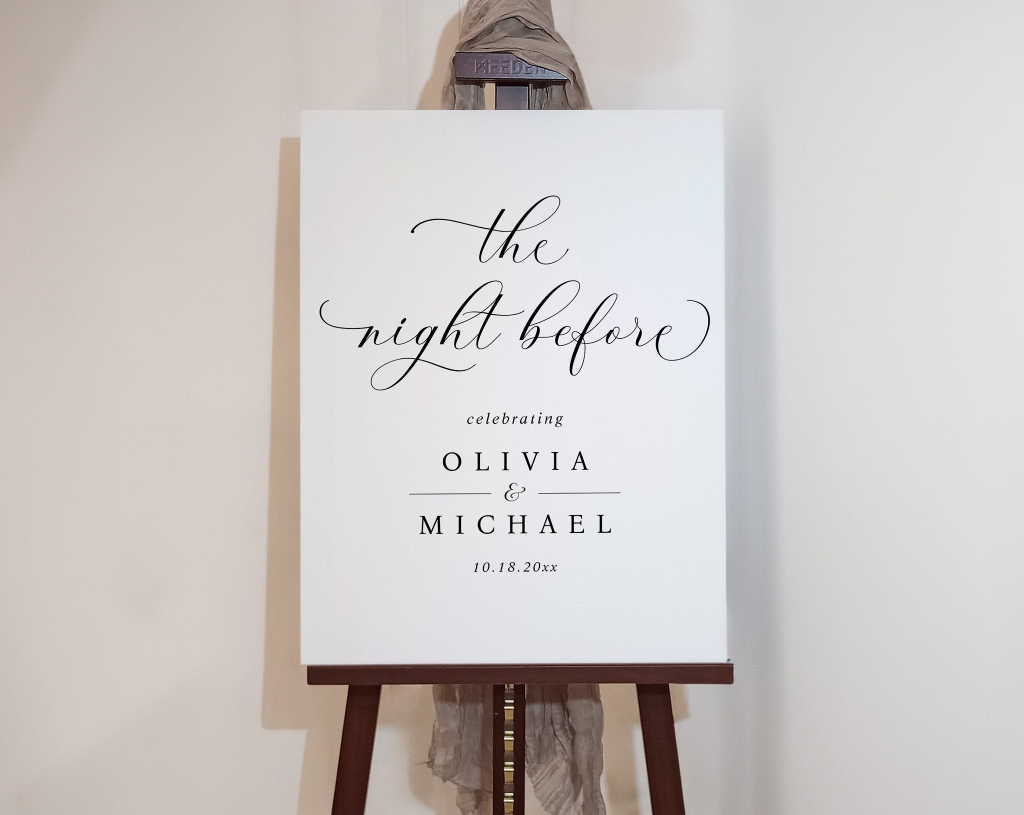 Elegant simple script wedding rehearsal dinner sign - the night before