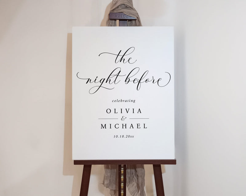 Elegant simple script wedding rehearsal dinner sign - the night before