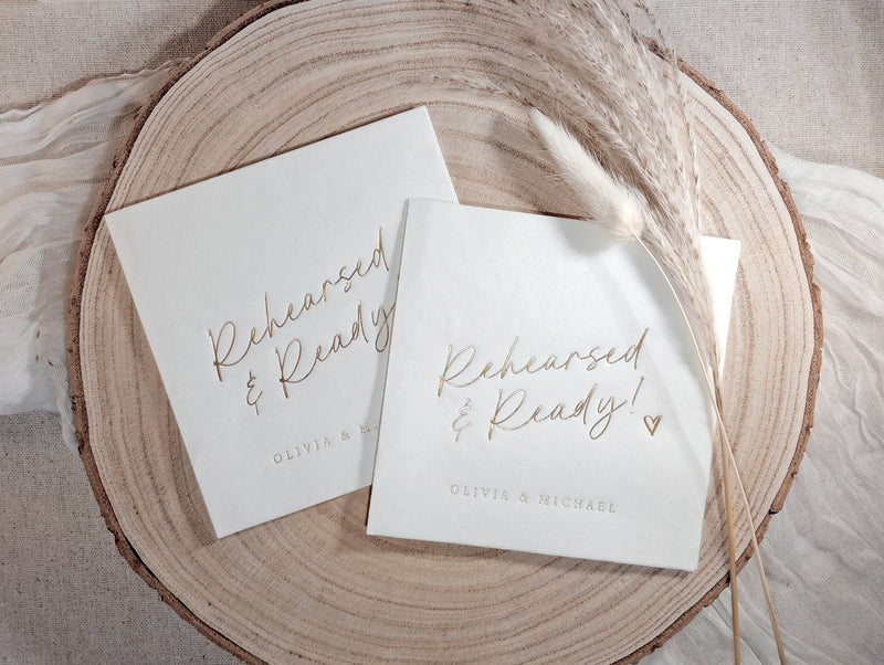 Foil stamped “Rehearsed & Ready” rehearsal dinner napkin with modern handwriting script