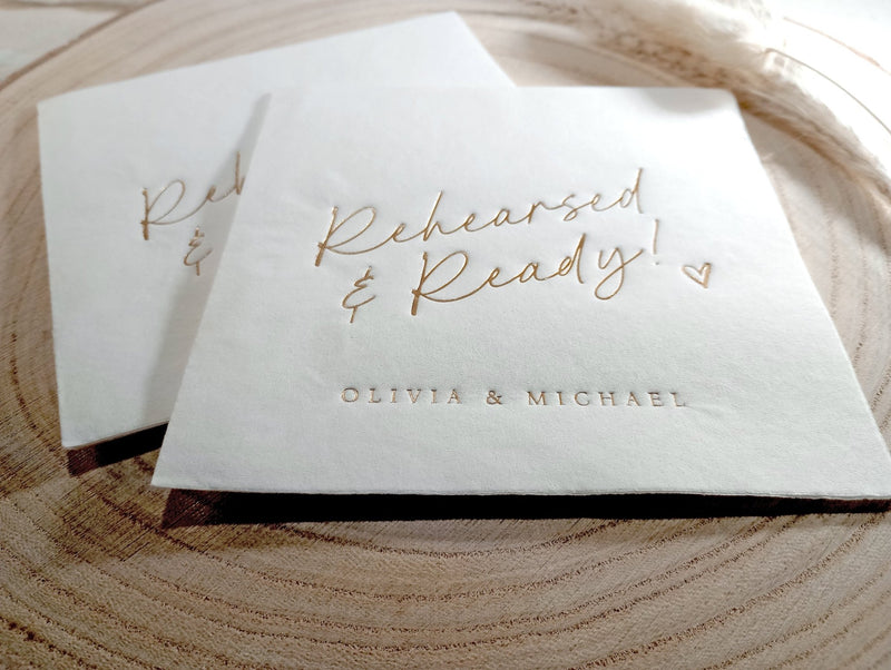Elegant wedding rehearsal napkins with metallic foil and heart accent