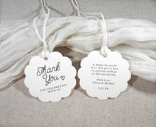 front and back view of scalloped round favor tags in fun script
