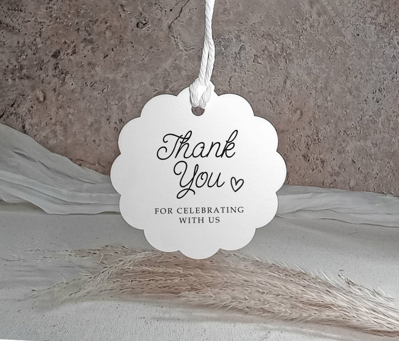 scalloped wavy thank you tag in whimsical script with heart and custom message