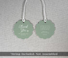 sage green favor tags with twine and personalized wedding text