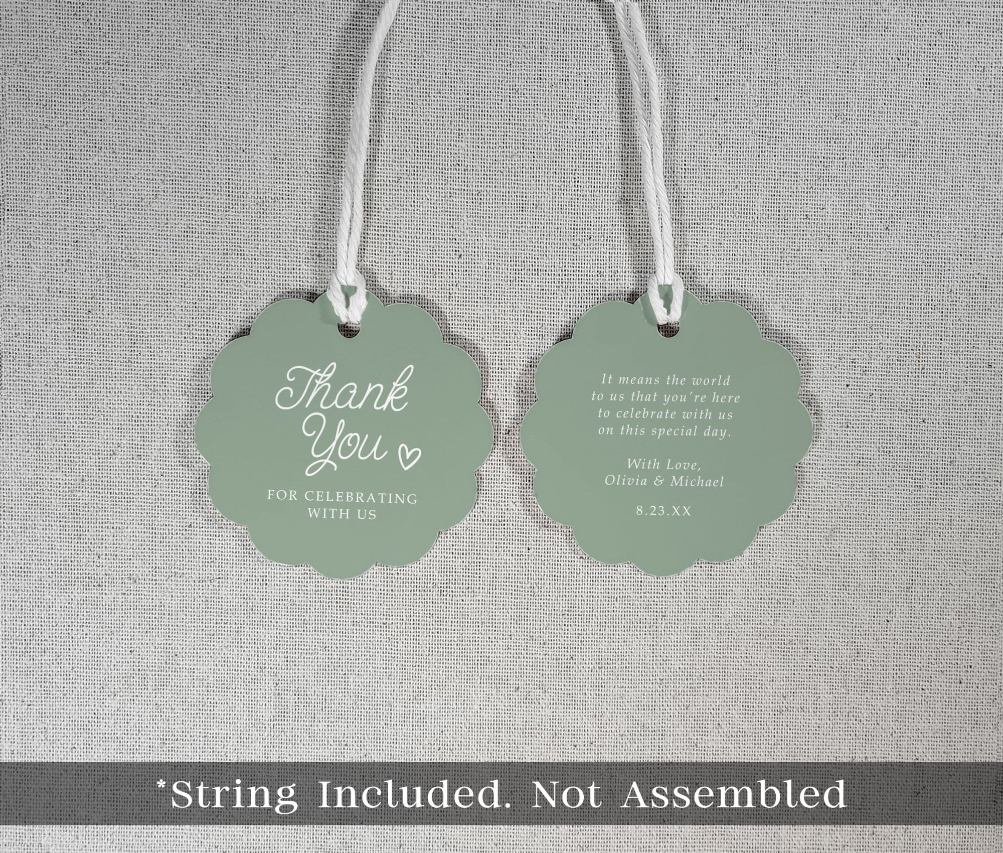 sage green favor tags with twine and personalized wedding text