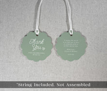 sage green favor tags with twine and personalized wedding text