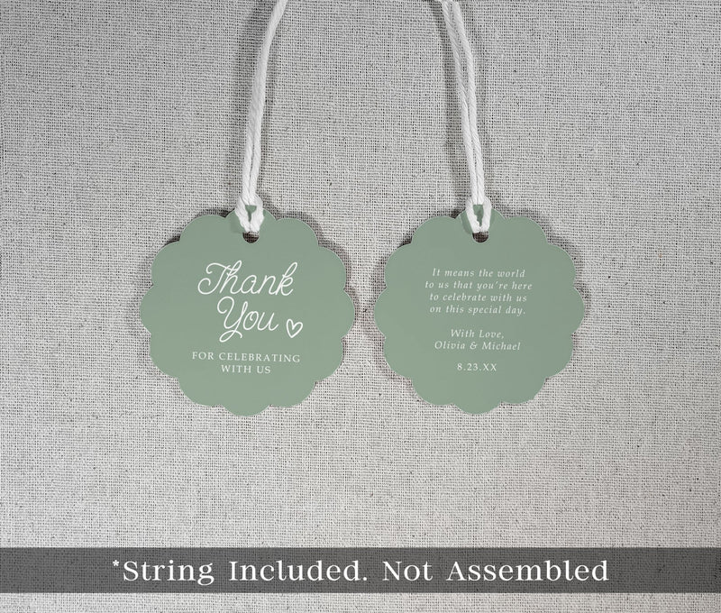 sage green favor tags with twine and personalized wedding text