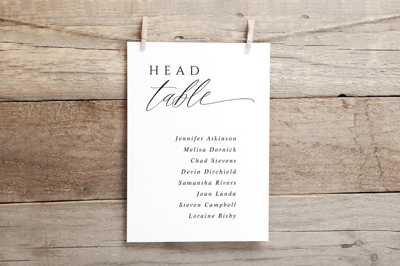White card with 'HEAD TABLE' text and names on a wooden background