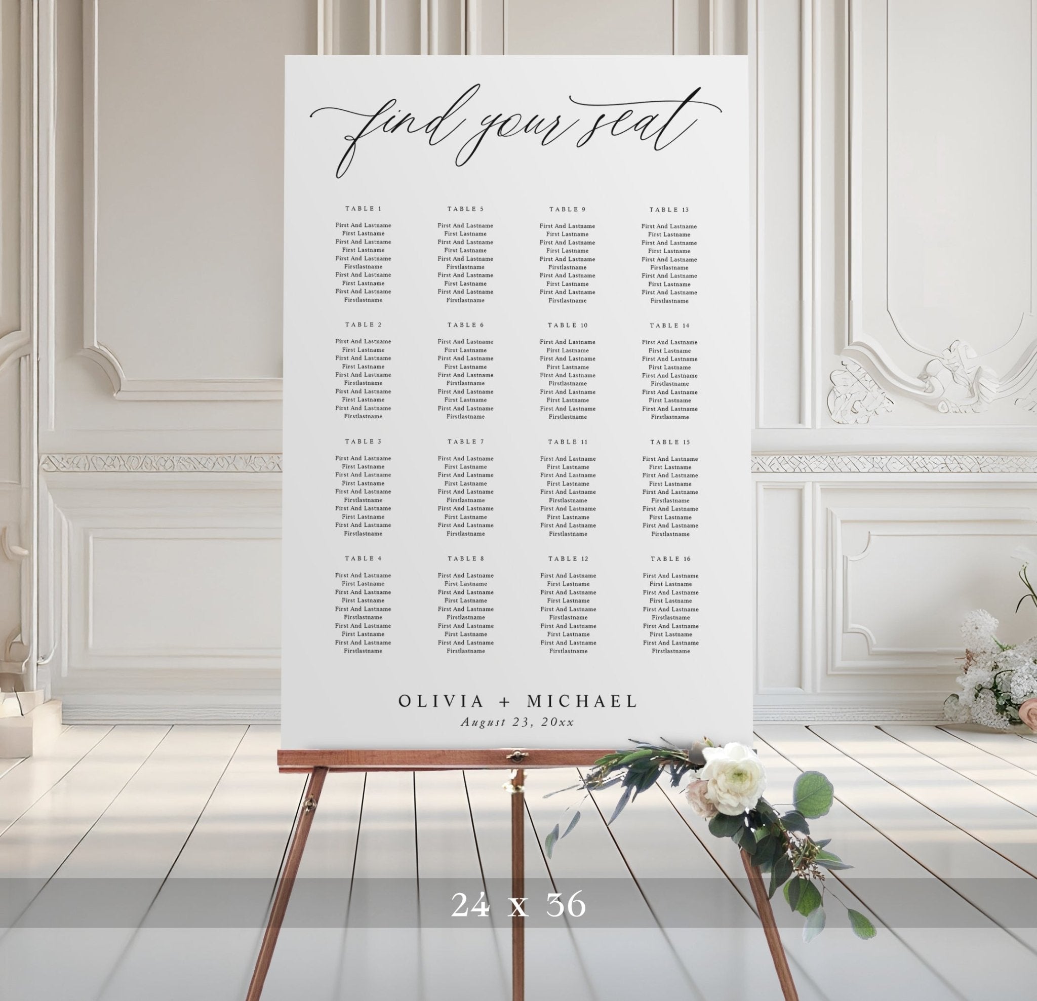Seating chart for a wedding on an easel with decorative flowers in a elegant room.