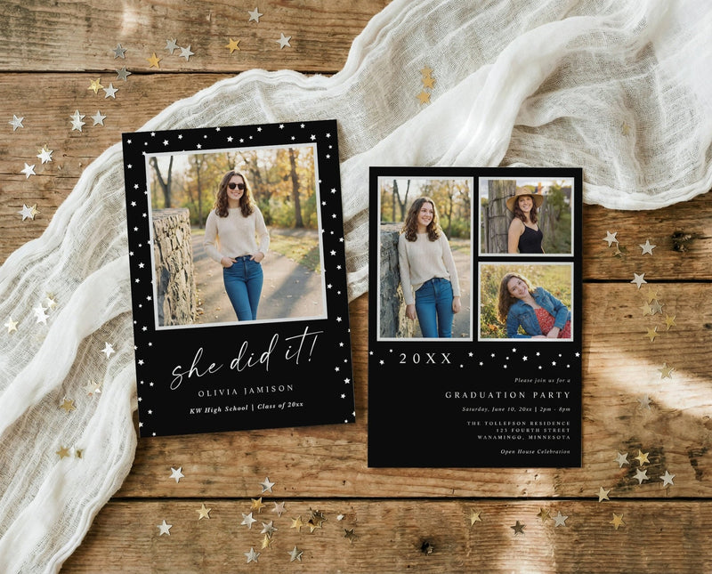 Modern handwriting graduation party invitations with photos of a graduate on a wooden surface with decorative stars.