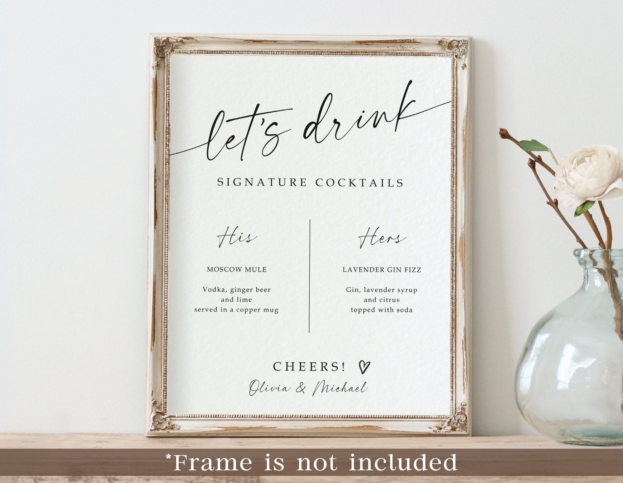 Printed His & Hers wedding bar sign with modern handwriting script on white cardstock