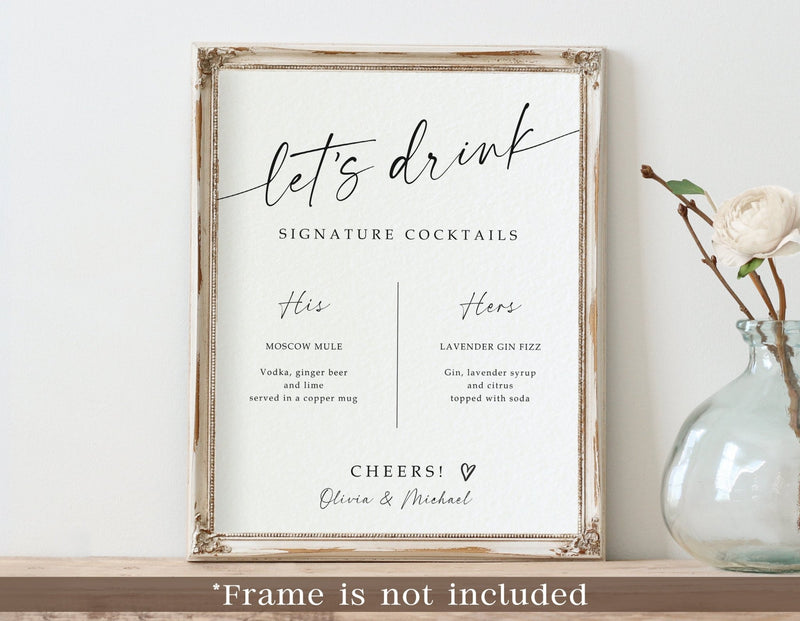 Printed His & Hers wedding bar sign with modern handwriting script on white cardstock