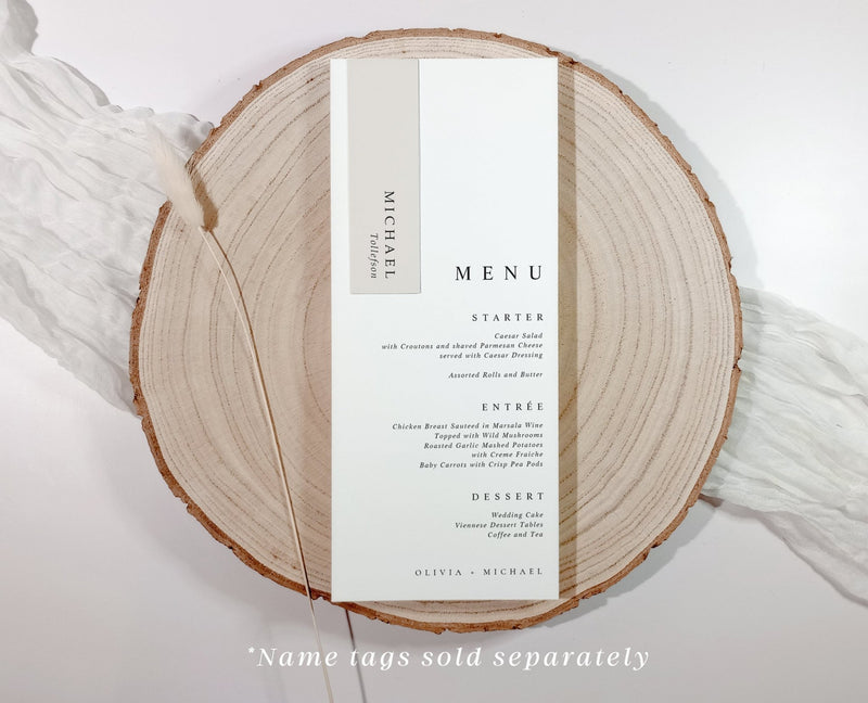 Menu card for attaching name tags on a wooden slice with a white background