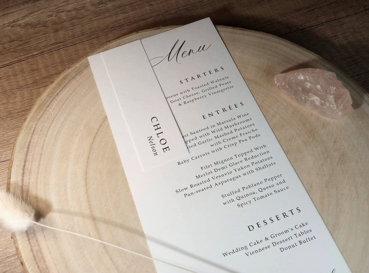 Slim Tag Design Example Slim Name Tags for Menus | Modern Printed Name Cards | Karma K. Weddings