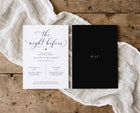 modern black rehearsal dinner invitation with white typography and couple initials