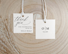 modern wedding thank you favor tags in romantic script with initials and date on back