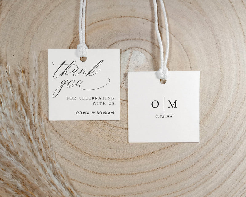 modern wedding thank you favor tags in romantic script with initials and date on back