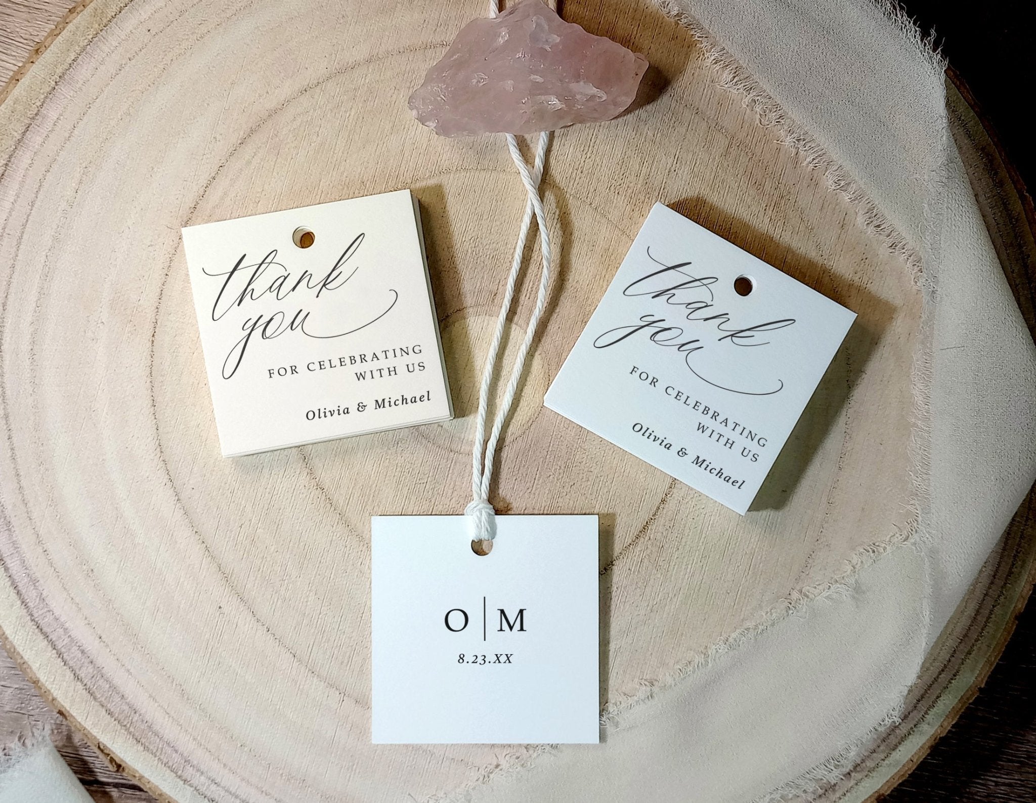elegant wedding favor tags tied with string, personalized with initials and wedding date