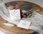 favor jars with thank you tags in modern script and minimalist back design