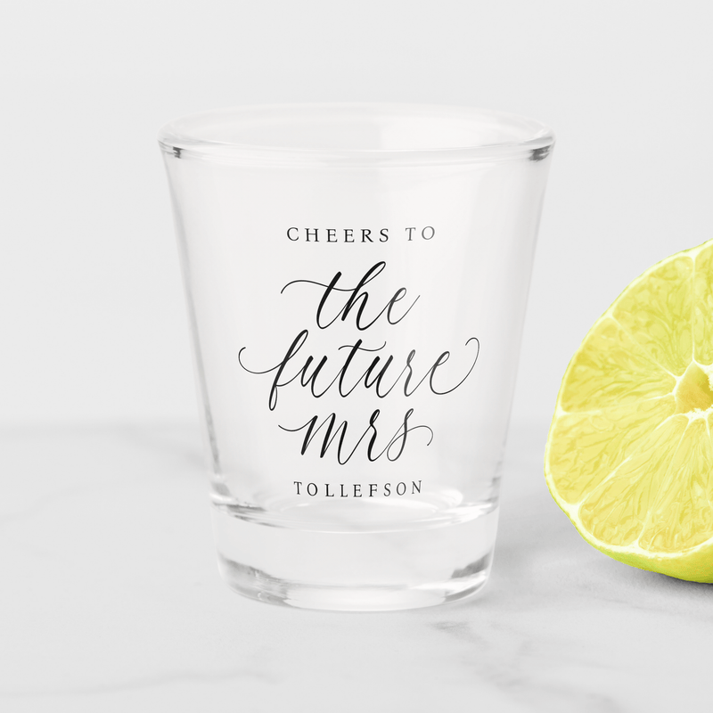 Elegant black and white bridal shower shot glass with “the future mrs” in calligraphy script.