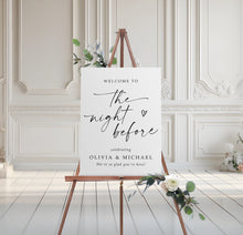 Rehearsal Dinner welcome sign on an easel with floral decorations in a elegant room.