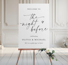 Rehearsal welcome sign on an easel with floral decorations in a elegant room.