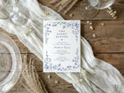 Vintage French navy blue rehearsal dinner invitation with elegant chinoiserie floral border and matching RSVP back.