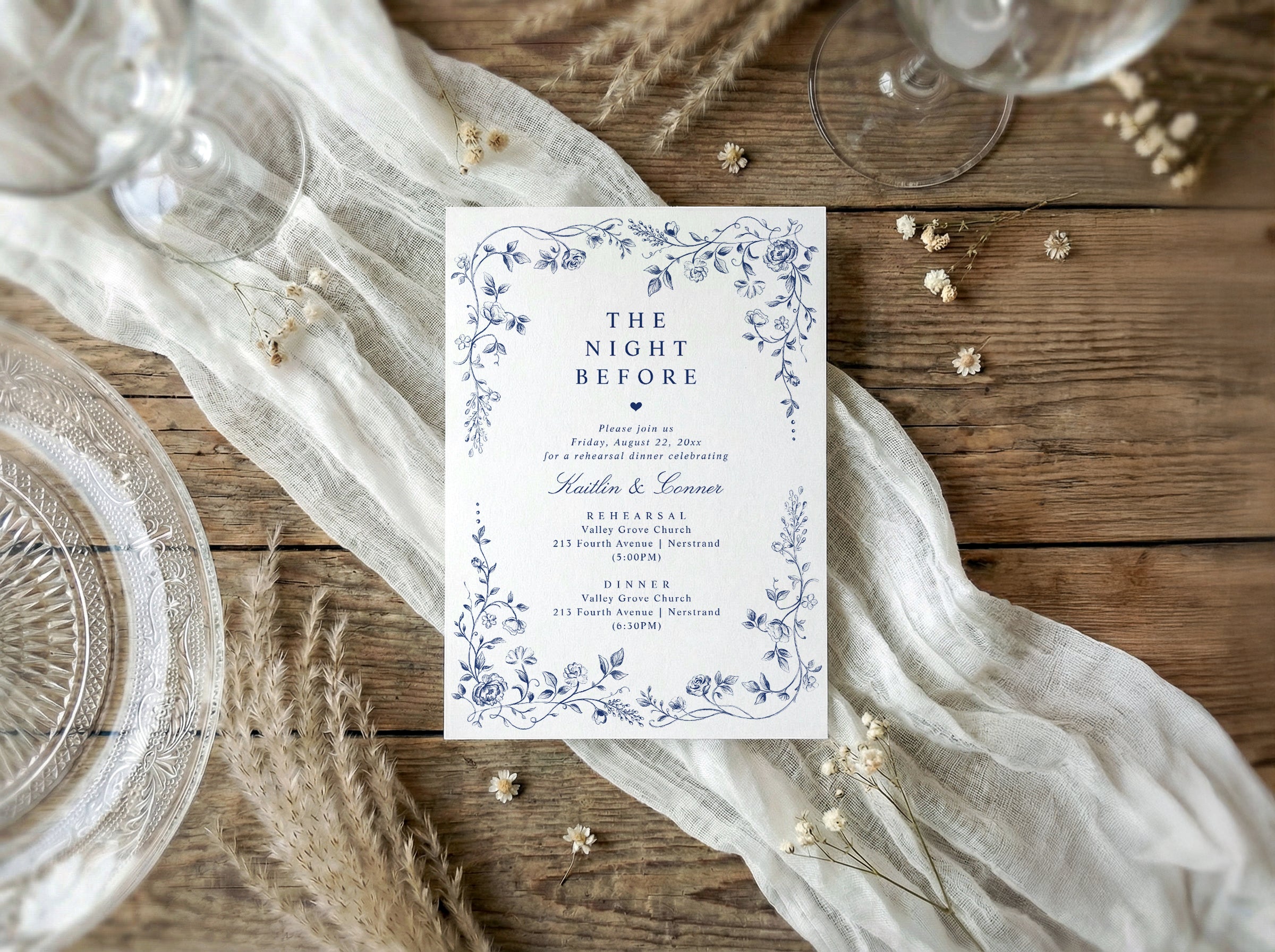 Vintage French navy blue rehearsal dinner invitation with elegant chinoiserie floral border and matching RSVP back.