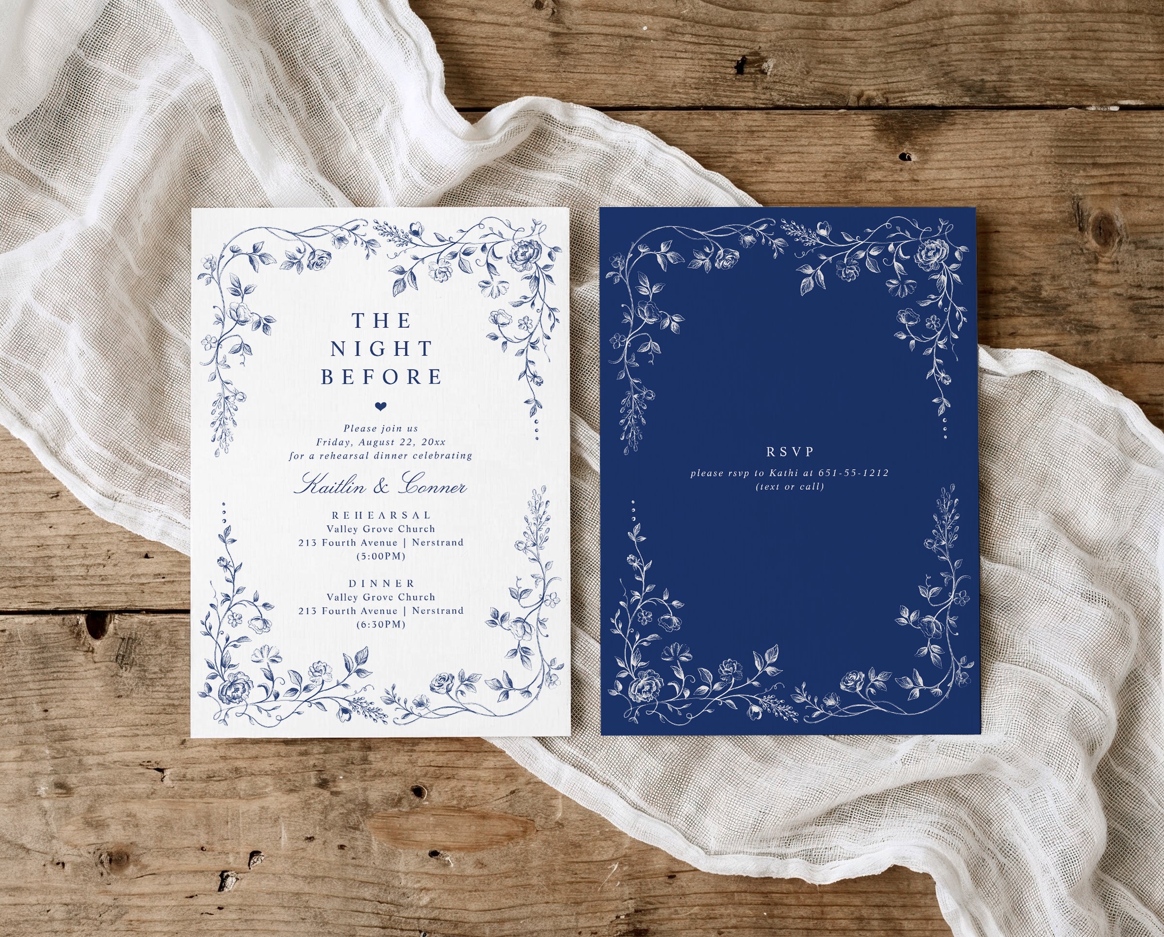 Vintage French design navy blue rehearsal dinner invitations